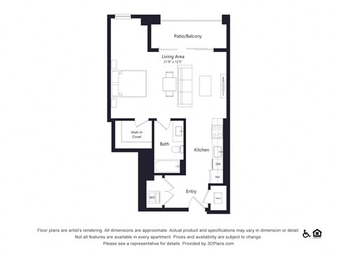 Floor plan for studio, 1 bath, 659 sqft